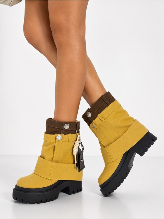 Azalea Wang Shoes - NEW Azalea Wang FAE-TAN Canvas Platform Moto Boots Tan/Brown Lug Sole NIB